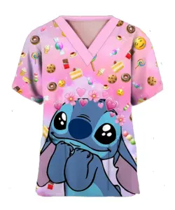 Sommer Disney Stitch T-Shirts Frauen Tasche lange T-Shirt Mädchen Kurzarm Krankenhaus tragen V-Ausschnitt Krankens ch wester Uniform T-Shirt Cartoon Top