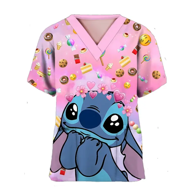 Sommer Disney Stitch T-Shirts Frauen Tasche lange T-Shirt Mädchen Kurzarm Krankenhaus tragen V-Ausschnitt Krankens ch wester Uniform T-Shirt Cartoon Top