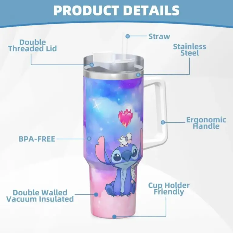 Edelstahl Tumbler Stitch Angel Tassen Tasse mit Strohhalme Fahren Heiße Getränke Wasserflasche Tragbare große Kapazität Thermobecher 5