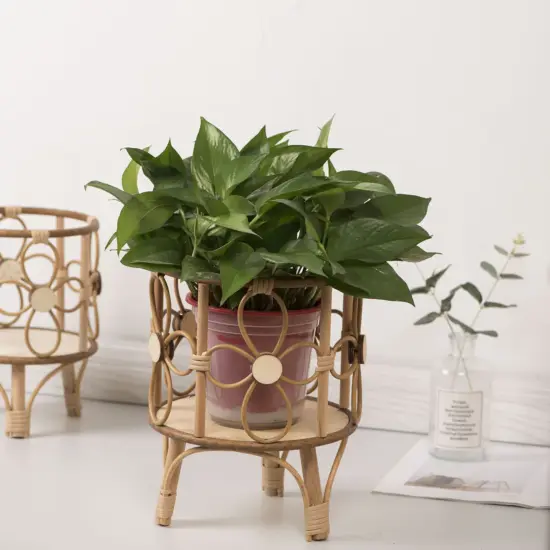 Hohler Blumenständer, handgewebt, Nachahmung von Rattan, Pflanzenständer, Desktop, kreativer Blumentopfständer, Balkon-Pflanzgefäß mit Holzbeinen 4
