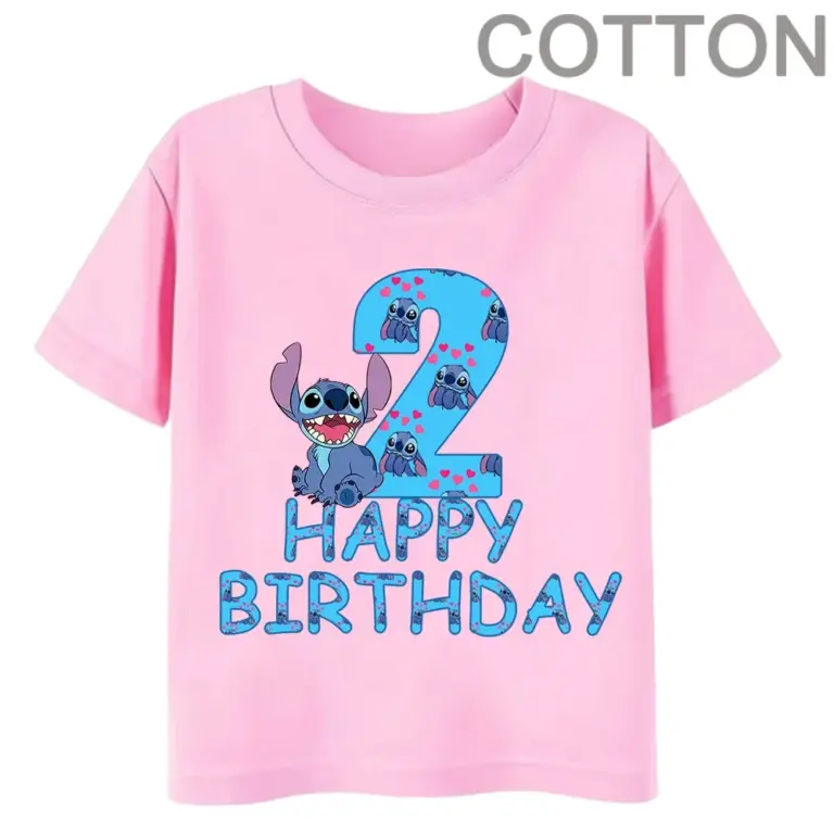 Rosa Lilo Stich Kinder Baumwolle T-Shirt Geburtstag Nummer 1-14 Kind Kawaii Junge Mädchen Freizeit kleidung Anime Cartoons Baby Tops T-Shirt 3