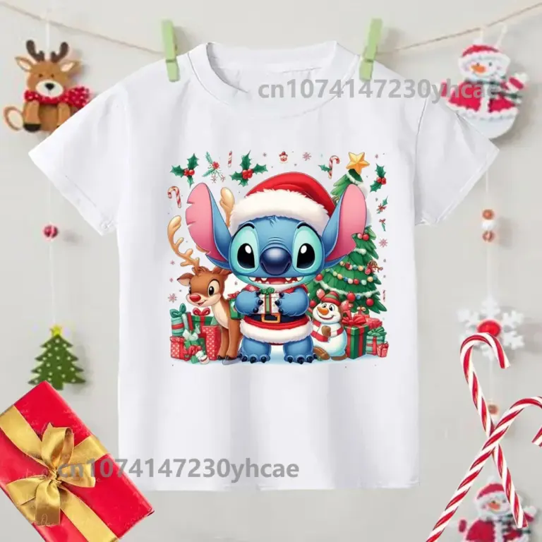 Frohe Weihnachten Lilo Stitch Kinder T-Shirts Baby Urlaub T-Shirt T-Shirts Mädchen Party T Shirt mit Kleidung Kinder Mode Tops T-Shirt 3