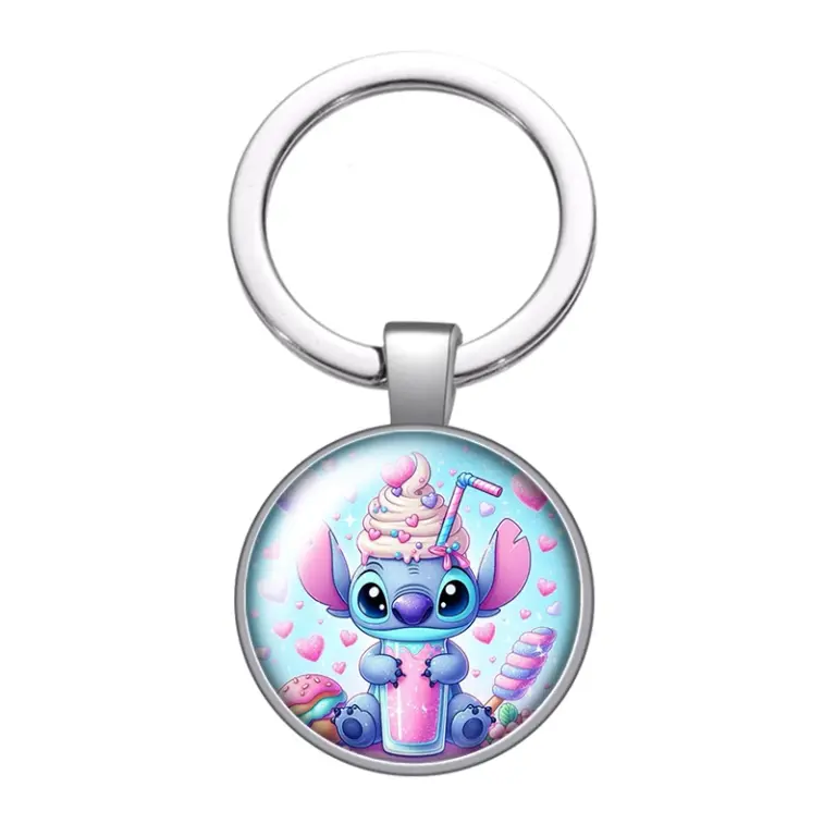 Disney Stitch köstlichen Donut Saft niedlichen Foto Glas Cabochon Schlüssel bund Tasche Auto Schlüssel anhänger Ring halter Charms Schlüssel anhänger Geschenk 5