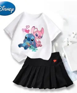 Neue süße Lilo Stitch T-Shirts Rock Set Kawaii Disney Cartoon Grafik T-Shirt Kinder Casual kurze Ärmel Tops Sommer Mädchen Kleidung