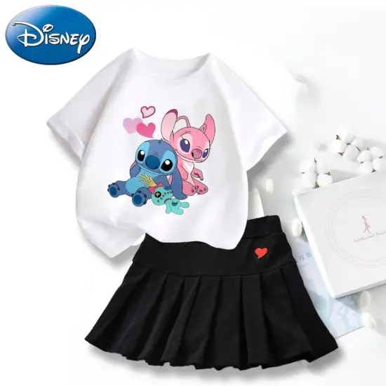 Neue süße Lilo Stitch T-Shirts Rock Set Kawaii Disney Cartoon Grafik T-Shirt Kinder Casual kurze Ärmel Tops Sommer Mädchen Kleidung