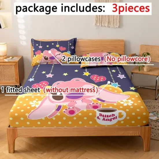 3-teiliges Cartoon-Anime-Stich muster mattes dreiteiliges Spann betttuch, Schlafzimmer bedrucktes Bettdecken-Set, Bettwäsche 1