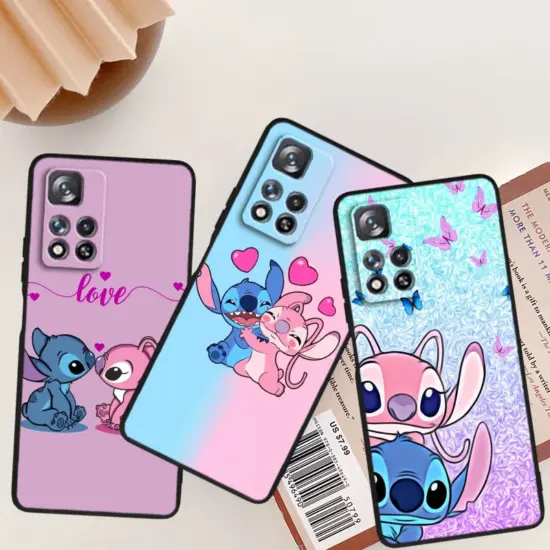 Disney Stich Engel Liebe Für Xiaomi Redmi Hinweis 12 12S Turbo 11 11T 11S 10 10S 9 8 8T 7 Pro Plus 5G Schwarz Telefon Fall Abdeckung