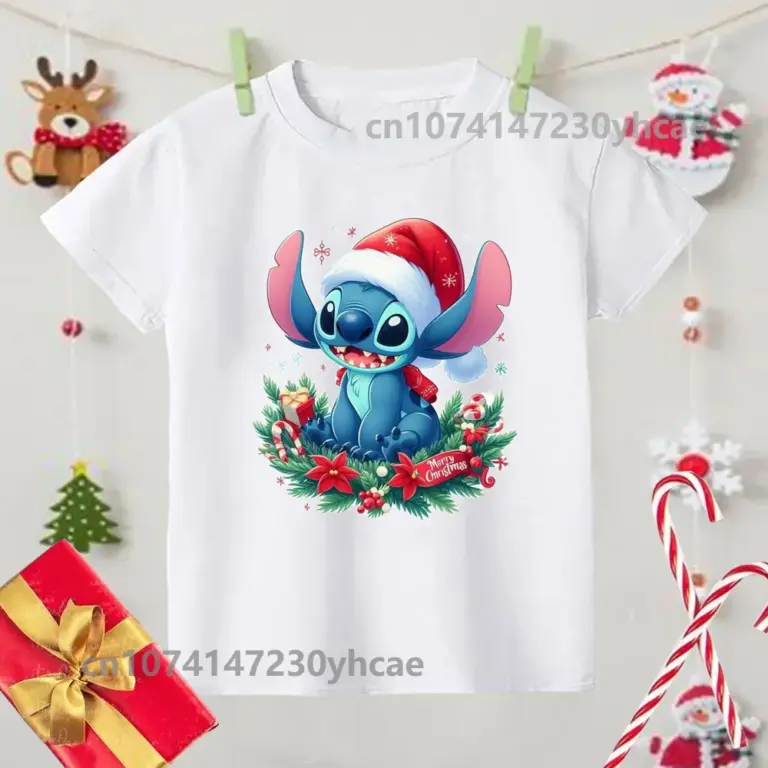 Frohe Weihnachten Lilo Stitch Kinder T-Shirts Baby Urlaub T-Shirt T-Shirts Mädchen Party T Shirt mit Kleidung Kinder Mode Tops T-Shirt 5