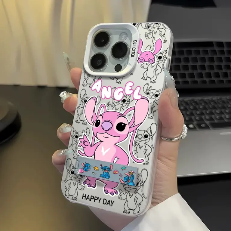 Cartoon Disney Stitch Angel Handy hülle für iPhone 16 15 14 13 12 11 Pro max x xr xsmax 8 plus stoß feste Rückseite mit Halter 4