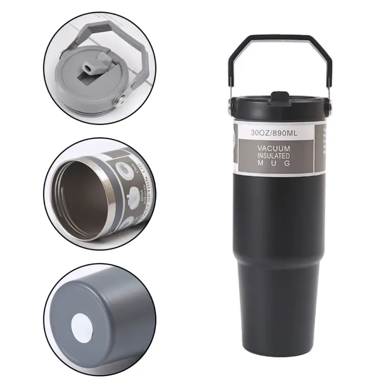 30OZ Tragbare Auto Tasse Edelstahl Thermos Tasse mit Stroh Reise Sport Wasser Flasche Mit Griff Abdeckung Kaffee Vakuum flasche 2