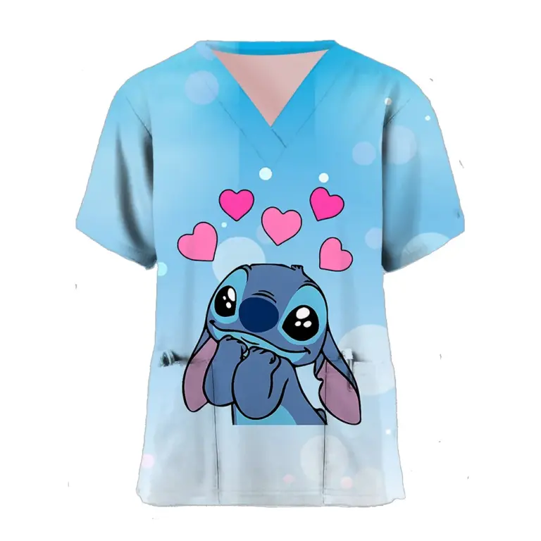 Sommer Disney Stitch T-Shirts Frauen Tasche lange T-Shirt Mädchen Kurzarm Krankenhaus tragen V-Ausschnitt Krankens ch wester Uniform T-Shirt Cartoon Top 2