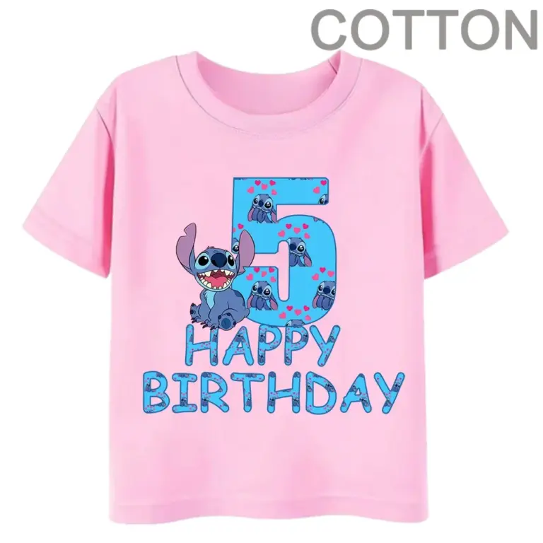 Rosa Lilo Stich Kinder Baumwolle T-Shirt Geburtstag Nummer 1-14 Kind Kawaii Junge Mädchen Freizeit kleidung Anime Cartoons Baby Tops T-Shirt 5