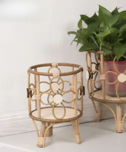 Hohler Blumenständer, handgewebt, Nachahmung von Rattan, Pflanzenständer, Desktop, kreativer Blumentopfständer, Balkon-Pflanzgefäß mit Holzbeinen