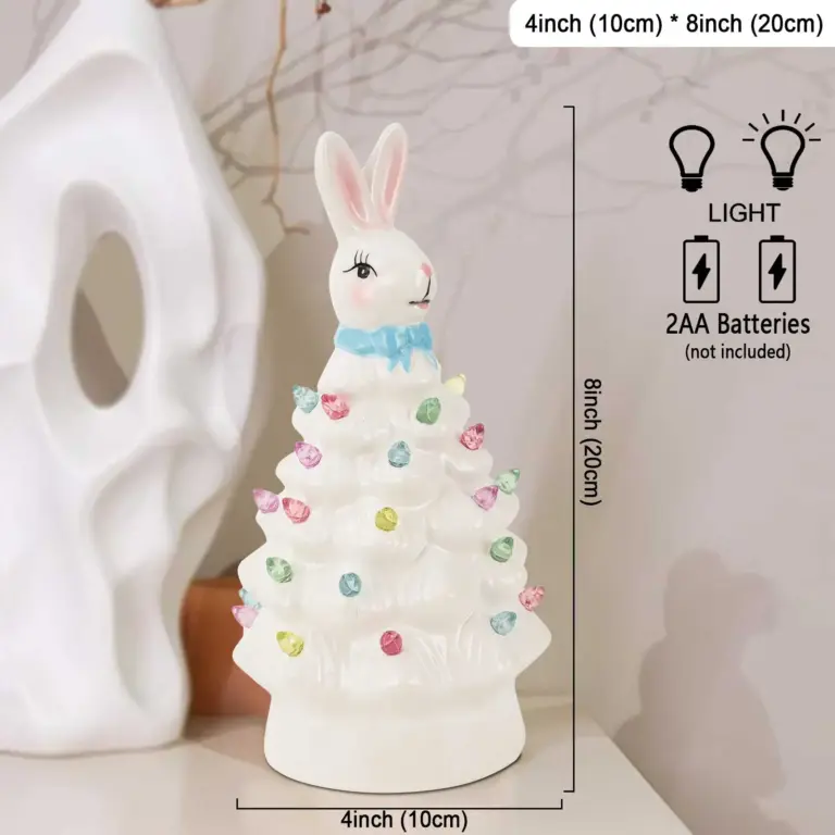 Ceramic Easter Bunny Tree Decoration with LED Lights Holiday Collectible Figurines Fireplace Table Farmhouse Spring Home Decor 2