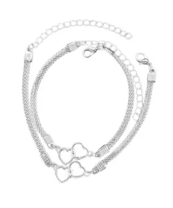 2-teiliges Set, Liebesherz, Paar-Armbänder für Damen und Herren, silberfarben, doppellagig, passendes Kettenarmband, Liebhaber-Schmuck, Geschenk 2