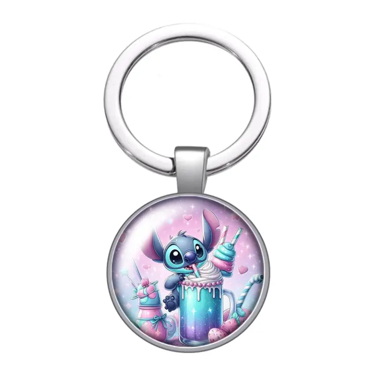 Disney Stitch köstlichen Donut Saft niedlichen Foto Glas Cabochon Schlüssel bund Tasche Auto Schlüssel anhänger Ring halter Charms Schlüssel anhänger Geschenk 6