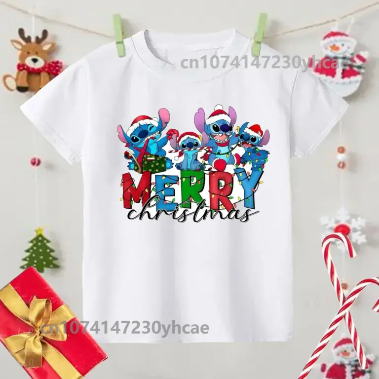 Frohe Weihnachten Lilo Stitch Kinder T-Shirts Baby Urlaub T-Shirt T-Shirts Mädchen Party T Shirt mit Kleidung Kinder Mode Tops T-Shirt 4