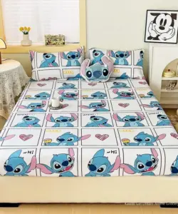 Disney Stitch Spannbettlaken mit elastischem Band, rutschfest, verstellbarer Matratzenbezug, Cartoon-Stich für Einzel-, Doppel-, King-Size-Bett