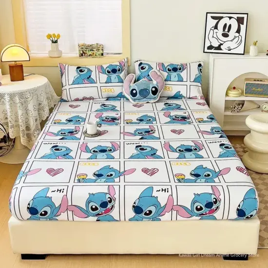 Disney Stitch Spannbettlaken mit elastischem Band, rutschfest, verstellbarer Matratzenbezug, Cartoon-Stich für Einzel-, Doppel-, King-Size-Bett