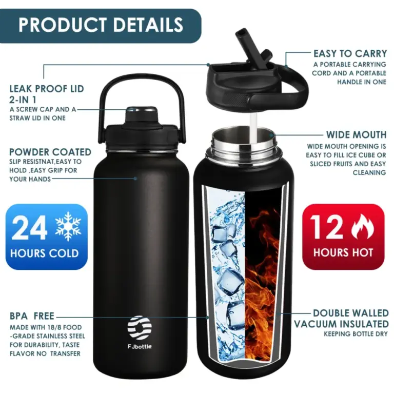 Feijian Thermos flasche mit Stroh Sport Edelstahl Vakuum flasche isolierte Wasser flasche mit Griff deckel 950/1200ml 3