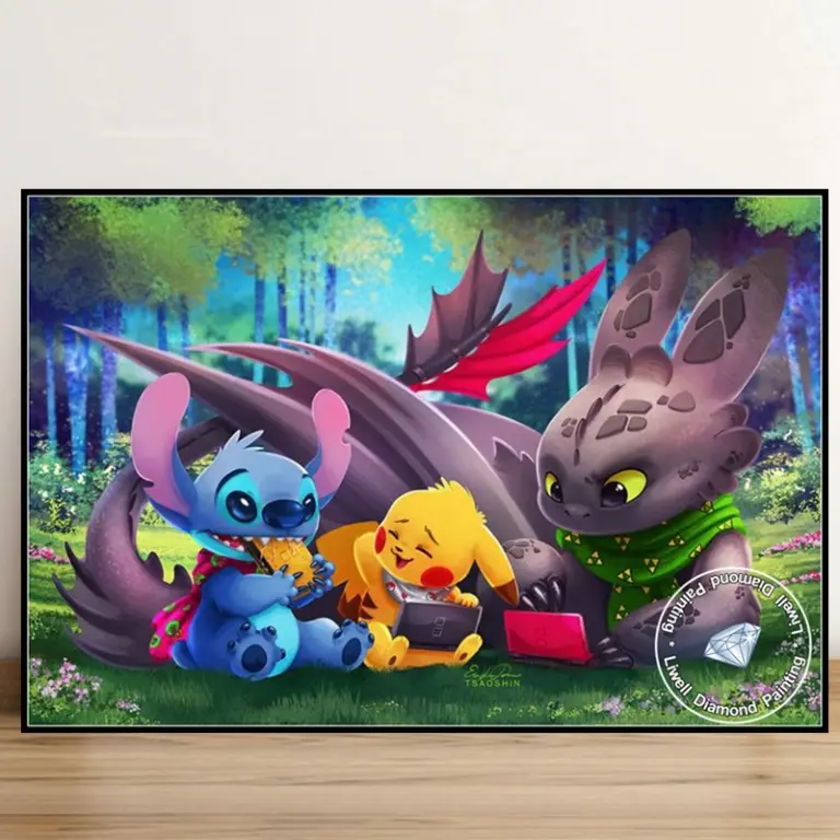 Ohnezahn und Stitch, niedlicher Disney-Cartoon, voller Diamanten, Kunstgemälde, Fantasy-Tier, Kreuzstich, handgefertigt, Mosaik, Heimdekoration 3