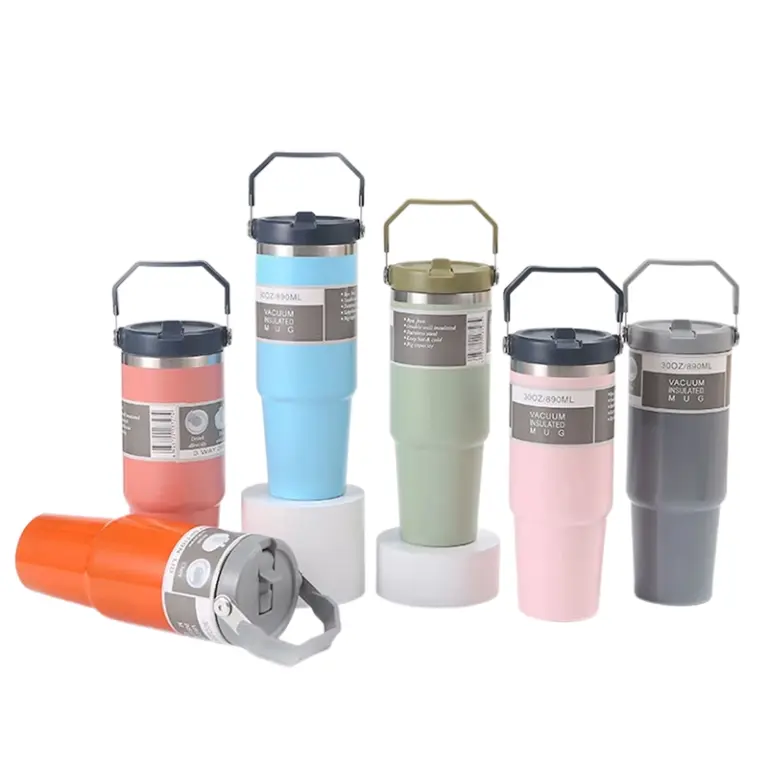 30OZ Tragbare Auto Tasse Edelstahl Thermos Tasse mit Stroh Reise Sport Wasser Flasche Mit Griff Abdeckung Kaffee Vakuum flasche