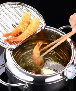 LMETJMA Japanischen Frittieren Topf mit einem Thermometer und ein Deckel 304 Edelstahl Küche Tempura Friteuse Pan 20 24 cm KC0405