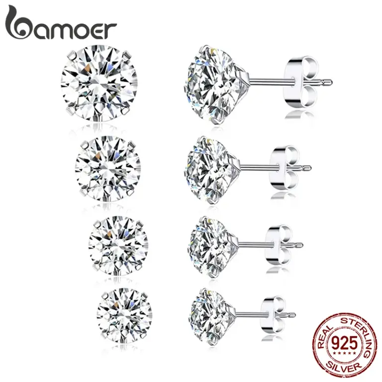 bamoer CZ Ohrstecker, 925er Sterlingsilber, platiniert, runde, hypoallergene Zirkonia-Ohrringe, 4 mm, 5 mm, 6 mm, 7 mm, BSE166