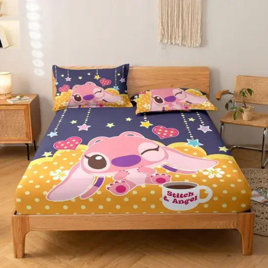 3-teiliges Cartoon-Anime-Stich muster mattes dreiteiliges Spann betttuch, Schlafzimmer bedrucktes Bettdecken-Set, Bettwäsche