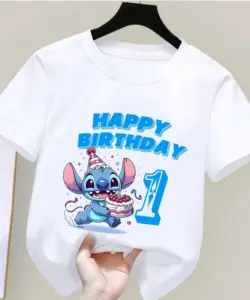 Stich Disney Kleidung Kinder Geburtstag T-Shirt drucken Kawaii Cartoon Junge Mädchen Kurzarm Tops Baby T-Shirt Kleidung Geburtstags geschenk