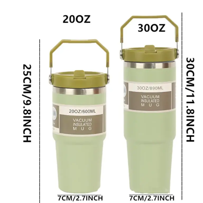 1 Stück Vakuumbecher mit Deckel, tragbare Wasserflasche aus Edelstahl mit schillerndem Griff, isolierter Becher, Tragegriff, 20/30 Unzen 6