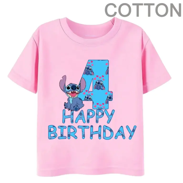 Rosa Lilo Stich Kinder Baumwolle T-Shirt Geburtstag Nummer 1-14 Kind Kawaii Junge Mädchen Freizeit kleidung Anime Cartoons Baby Tops T-Shirt 4